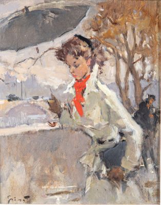 tableau représentant une femme vêtue d'un manteau blanc et d'une écharpe rouge, tenant un parapluie