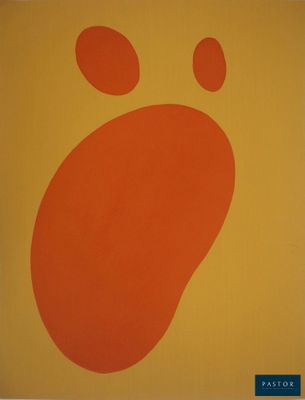 une photo d'une empreinte de pied orange sur un mur jaune