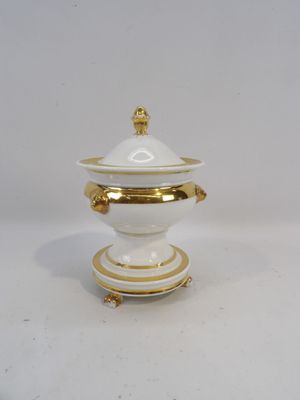 an image of a white and gold covered bowl with a gold rim