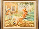 painting of two women sitting on a bench in a garden