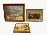 three framed paintings of a landscape and a house in a wood frame
