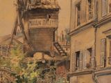 painting of a street scene with buildings and a horse drawn carriage
