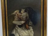 an oil painting of a dog holding a bird in its mouth