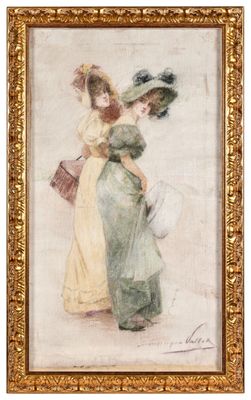une image représentant un tableau où figurent deux femmes portant des chapeaux et tenant un sac à main