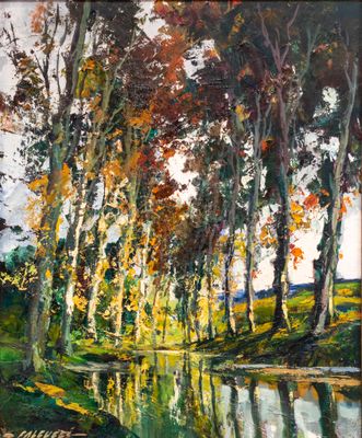 a painting of a river surrounded by trees and grass
