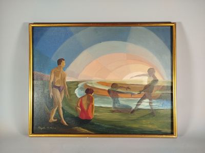 un tableau accroché au mur d'une pièce, représentant un homme et une femme