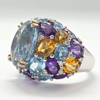 Bague OR Gris Aigue Marine 5 CT Sur UN Pavage DE Topazes Ble…