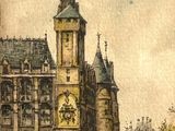 tableau représentant un grand bâtiment surmonté d'une tour horloge
