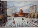 painting of a painting of a windmill on a snowy day in a city