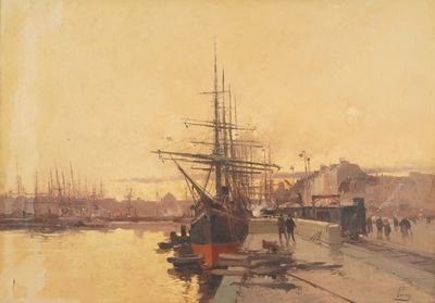 a painting of a ship in a harbor with other boats