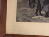 a picture of a painting of a man and a woman riding a horse