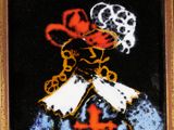tableau représentant un homme coiffé d'un chapeau et tenant une croix, sur fond noir