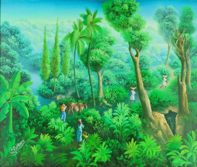 tableau représentant une scène de jungle avec des personnages et des animaux au premier plan