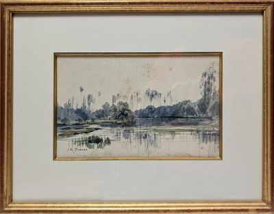 aquarelle encadrée représentant un paysage fluvial avec des arbres en arrière-plan