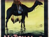 an old poster of a man riding a camel in the water