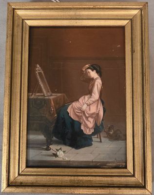 tableau représentant une femme en robe rose assise sur une chaise