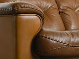 a cat sitting on a brown leather couch in a living room