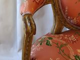 a cat sitting on the arm of a fancy chair