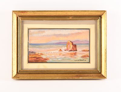 peinture à l'huile encadrée représentant une scène de plage avec des rochers et de l'eau