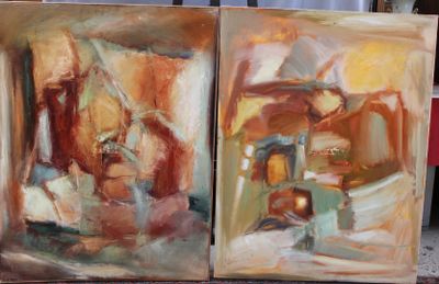 painting of a couple of paintings sitting on top of a table next to each other