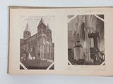 two black and white photos of an old church and a church steeple