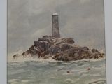 une photo d'un tableau représentant un phare au milieu de l'océan