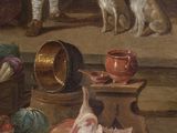 a painting of a dog sitting next to a bowl of fruit and vegetables