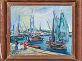 une peinture à l'huile représentant un groupe de voiliers amarrés dans un port