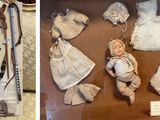 two pictures of a doll in a glass case