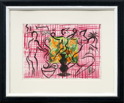 painting of a vase with flowers on a pink background in a black frame