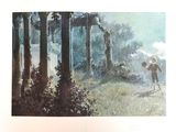 un tableau représentant un garçon tenant un parapluie dans les bois