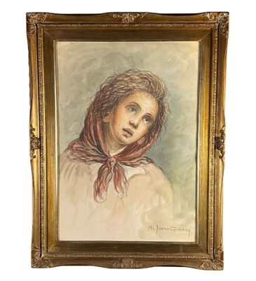 une peinture à l'huile représentant une femme portant un foulard rouge, dans un cadre doré
