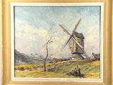 an oil painting of a windmill on a hill with a man sitting in the foreground