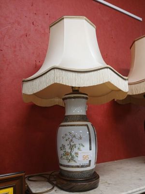 two lamps sitting on a table with a red wall in the background