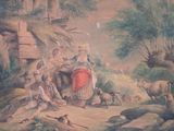 a painting of a group of people and animals in a wooded area