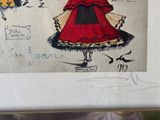 drawing of a woman in a red dress and a man in a black suit