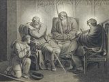 a drawing of a group of people sitting around a table