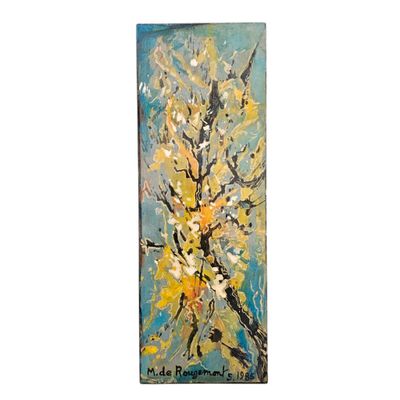 une peinture abstraite représentant un arbre aux fleurs jaunes sur fond bleu