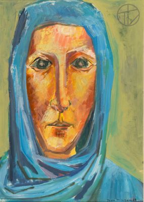 un tableau représentant une femme portant un foulard bleu