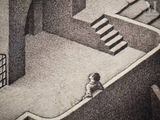 a drawing of a dog sitting on a stair way