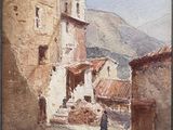 painting of a woman walking down a street in front of a building