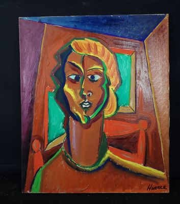 une peinture à l'huile représentant une femme en robe verte regardant par la fenêtre