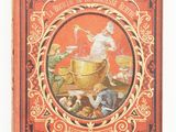an old book with a picture of a woman cooking in a pot