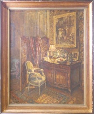 tableau représentant un tableau d'une chaise et d'un bureau dans une pièce