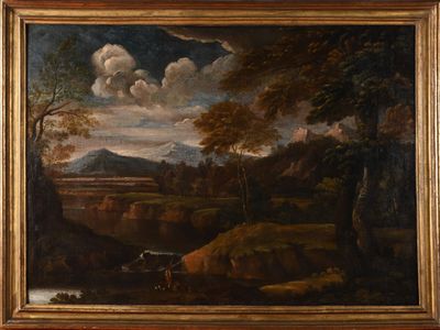 une peinture à l'huile représentant un paysage avec une rivière au premier plan