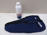 a bottle of water and a blue bag on a table
