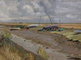 un tableau représentant des bateaux au bord de l'eau