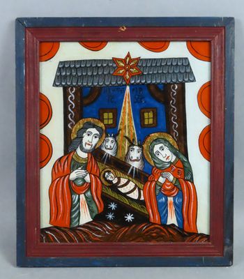 a painting of a nativity scene with three angels and a star