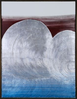 abstract painting of two white clouds on a blue and red background