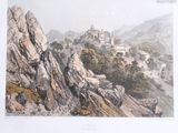 a picture of a picture of a mountain with a castle in the background